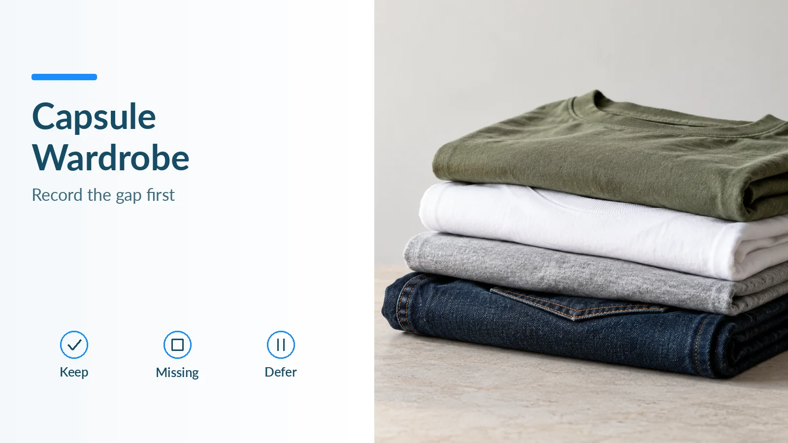 Stack of folded shirts and jeans beside labels for keep, missing and defer