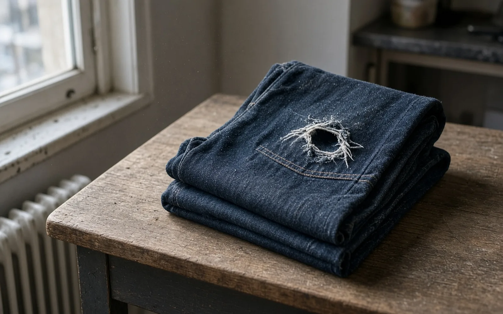 Folded dark jeans with a frayed hole on a wooden table in window light. Name this damage before the consultation.
