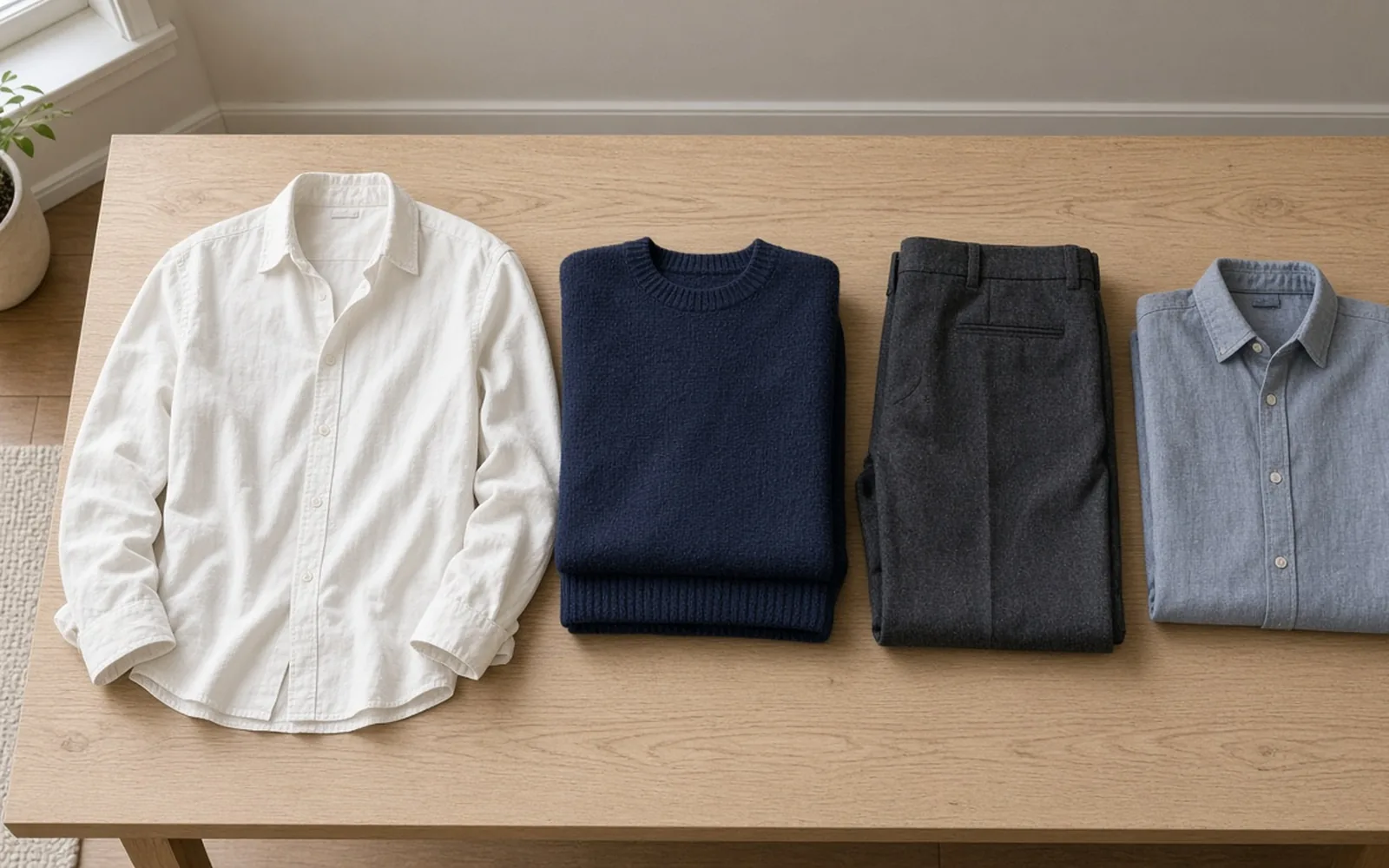 Illustration of a shirt, knit and trousers laid flat on a wood table for sorting, not a named swap photo