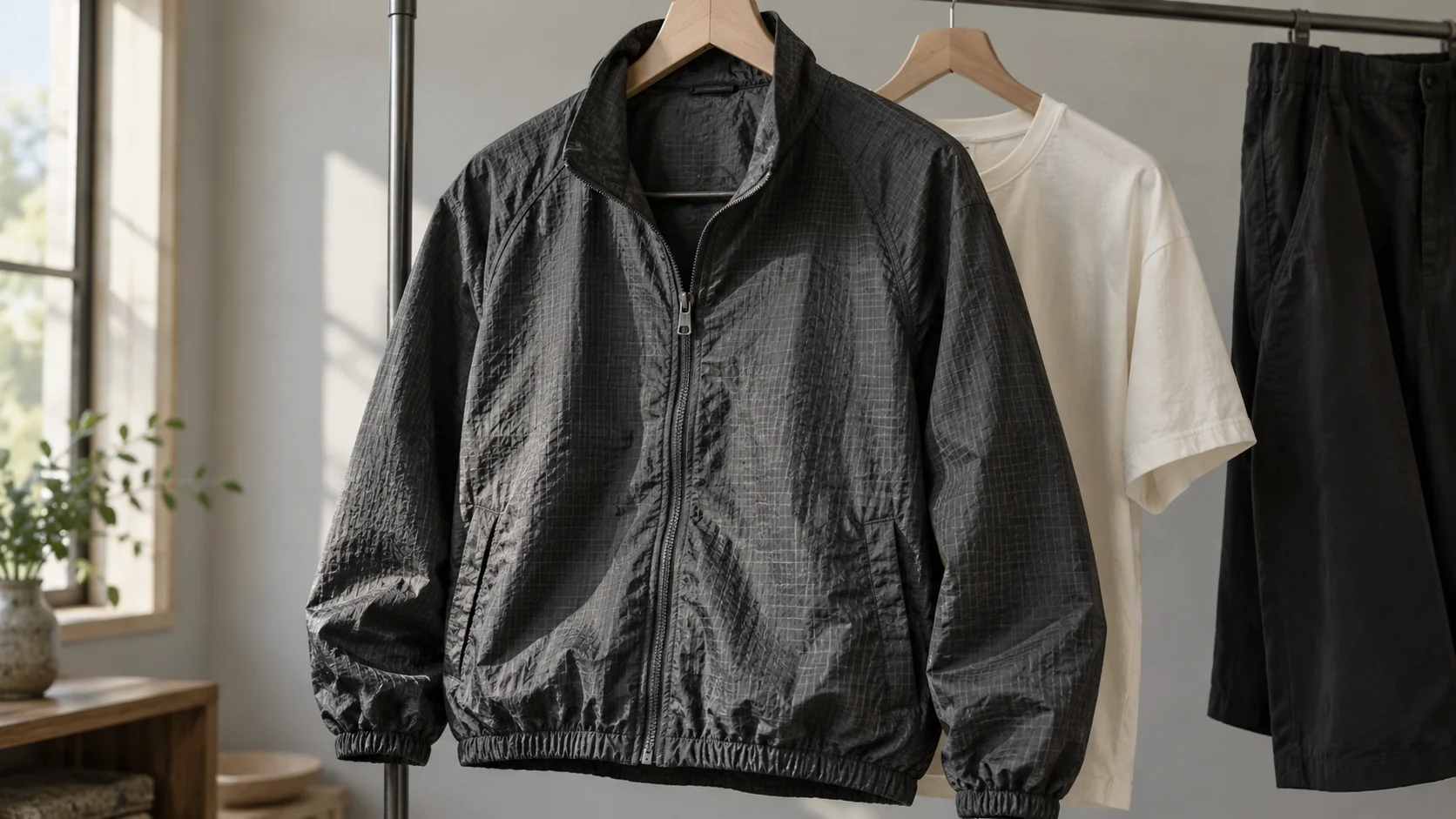 Charcoal ripstop nylon jacket hanging in front of an off-white tee