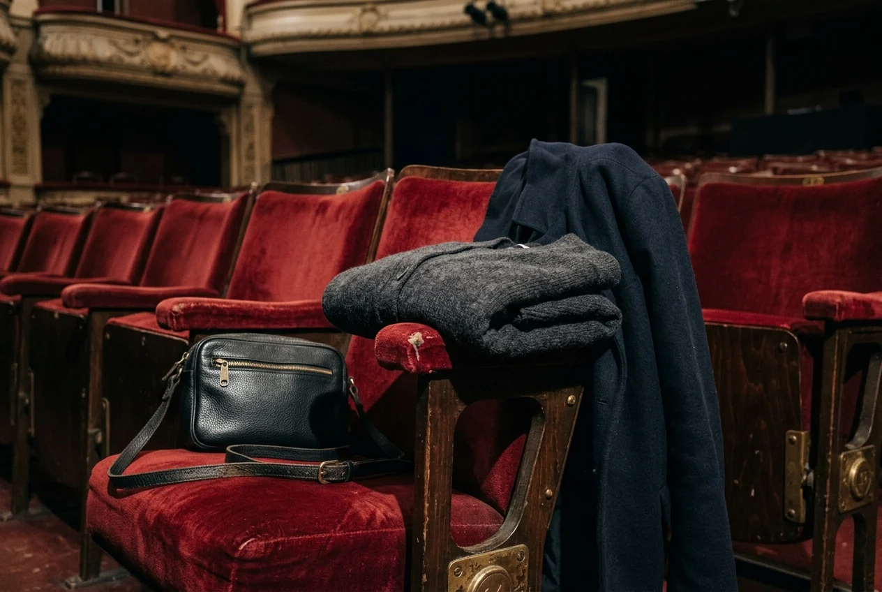 A folded charcoal merino cardigan and dark navy coat draped over a crimson velvet theatre seat armrest beside a compact black leather crossbody bag.